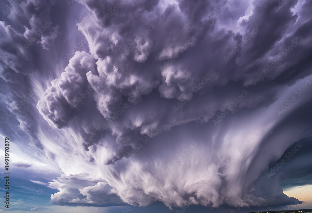 Naklejka premium Awe-inspiring supercell thunderstorm displaying immense power and dramatic purple cloud structures, ideal for meteorological visuals, powerful concept backgrounds, or depicting severe weather events
