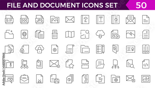 Set of file and document Icons. Simple line art style icons pack. Vector illustration, such as files, checkmark, find, search,