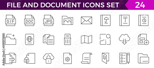 Set of file and document Icons. Simple line art style icons pack. Vector illustration, such as files, checkmark, find, search,