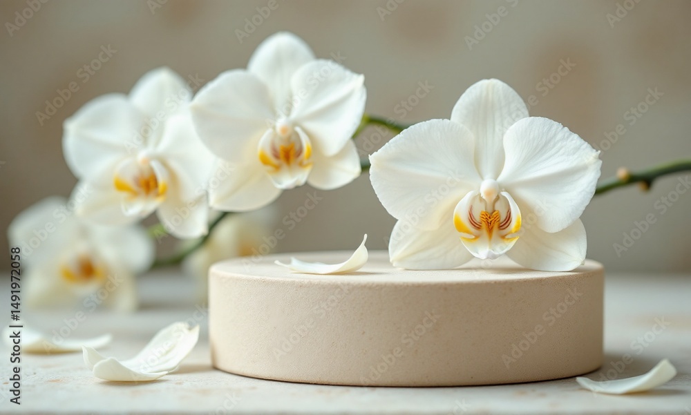 Ceramic pedestal with orchid petals in soft light Ceramic pedestal with orchid petals in soft light