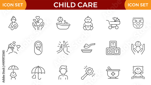 Child care line web icons. international children day, kid rights, parenthood. Outline icon collection. Editable stroke. Vector illustration
