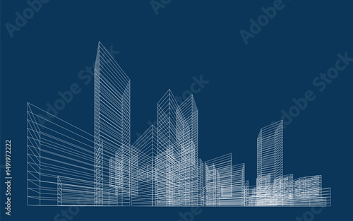 3D wireframe perspective of building. Abstract wireframe city background for template design. Vector illustration.