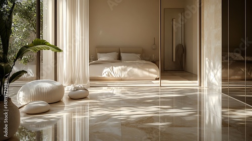 interior with open bedroom behind soft-tinted glass, sunlight on cream-colored textiles and marble flooring