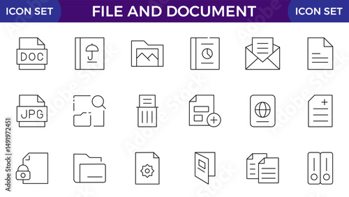 Set of file and document Icons. Simple line art style icons pack. Vector illustration, such as files, checkmark, find, search,