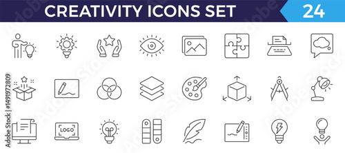 creativity line icons. Contains icons idea, brainstorm, thought, quick tips, inspiration, teamwork and more.