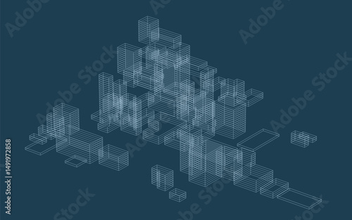 Abstract 3D dynamic wireframe. Geometric perspective background.  Abstract matrix wireframe background for template design. Vector illustration.