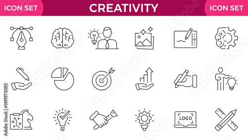 creativity line icons. Contains icons idea, brainstorm, thought, quick tips, inspiration, teamwork and more.