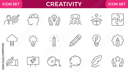 creativity line icons. Contains icons idea, brainstorm, thought, quick tips, inspiration, teamwork and more.