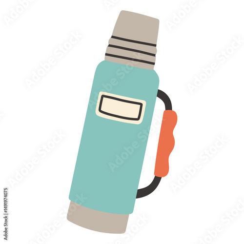 Simple camping blue thermos. Outdoor camp thermos bottle isolated flat design for hot drinks and soup