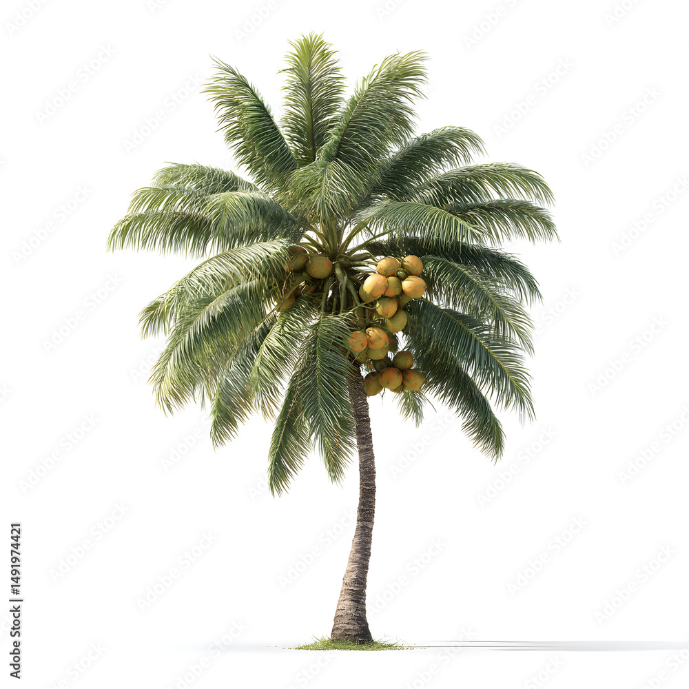 Fototapeta premium Tall exotic palm tree with coconuts isolated on white background, tropical plant perfect for summer, beach, and nature concepts with fresh green leaves