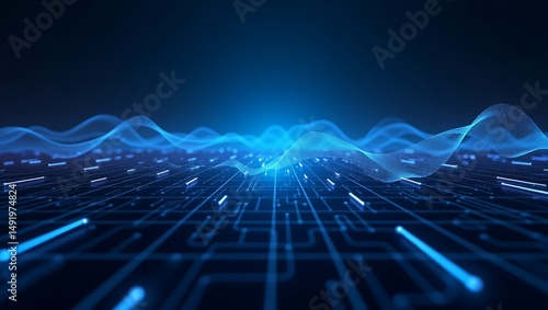 Professional Digital waveforms flowing over circuit board abstract technology background