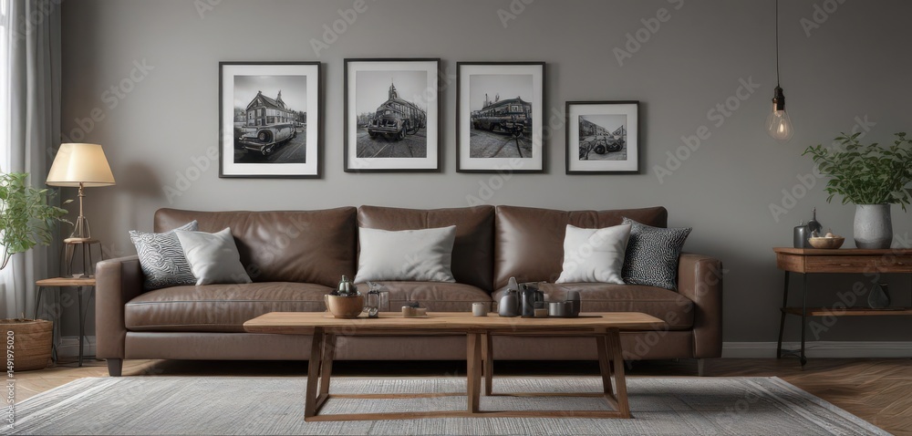 Brown couch, wooden dining table, black & white photos, grey walls, chic living space, dining, wood, space Brown couch, wooden dining table, black & white photos, grey walls, chic living space, dining, wood, space