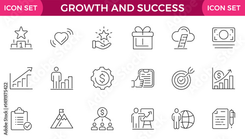 Growth and Success Icons set. Vector illustration in modern thin line style of business icons: personal, professional, and financial growth, progress, career. Pictograms and infographic