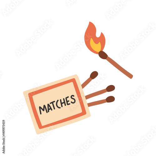 Simple matches set. Burning match with fire. Vector illustration flat style isolated on white background. Burnt matchstick with smoke and red matchbox icon