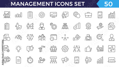 Business Management Outline Icon Collection. Thin Line Set contains such Icons as Vision, Mission, Values, Human Resource, Experience and more. Simple web icons set.