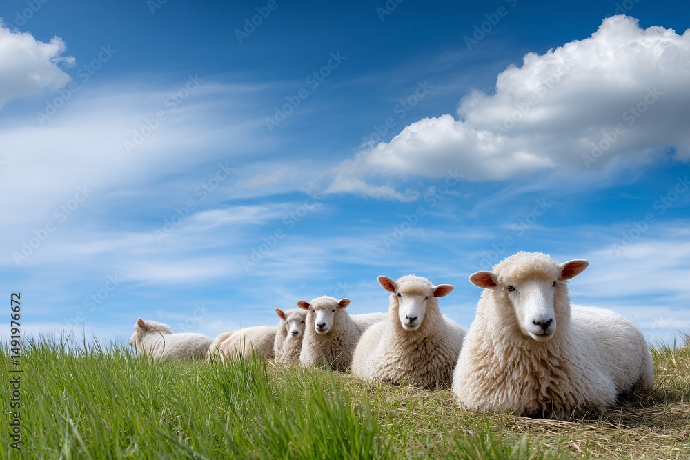Fototapeta premium Flock of Fluffy White Sheep Resting in a Green Meadow under a Blue Sky