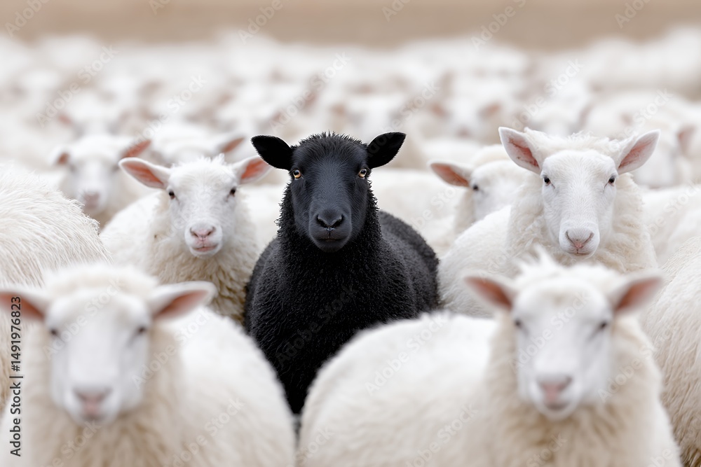 Obraz premium One Black Sheep Among a Flock of White Sheep in a Pastoral Setting