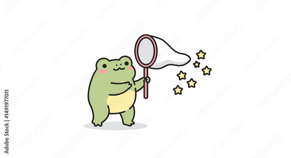 Obraz premium Cartoon frog catching stars with net in a playful scene 