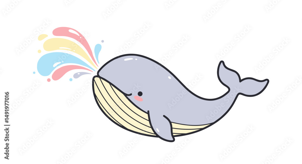 Obraz premium Cute cartoon whale spouting colorful water in a playful style 