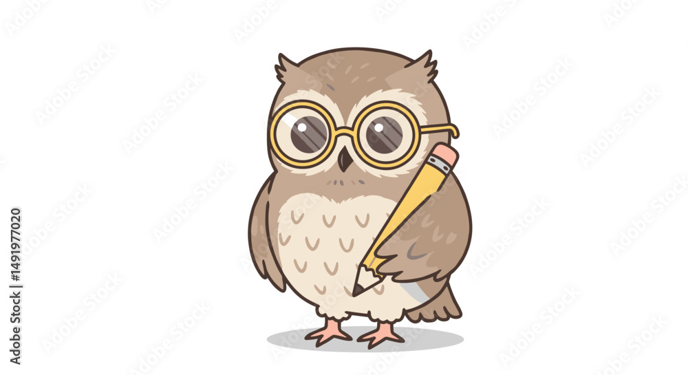 Cartoon owl wearing glasses holding a pencil in a playful pose  
