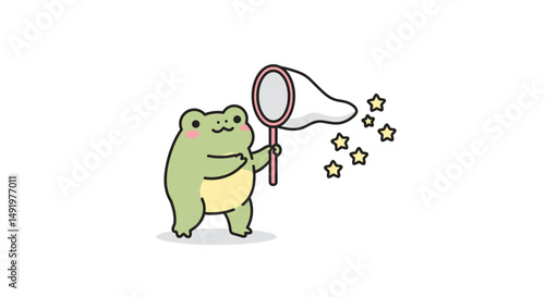 Cartoon frog catching stars with net in a playful scene  