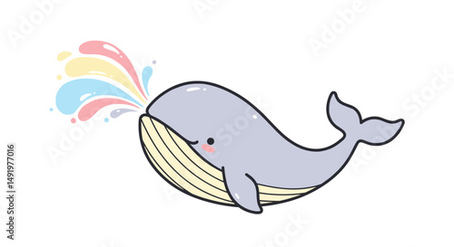 Cute cartoon whale spouting colorful water in a playful style  