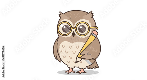 Cartoon owl wearing glasses holding a pencil in a playful pose  