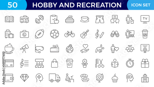 Hobby and recreation linear icons collection. Hobbies for children and adults at home and outdoors. Sports, diving, dancing, reading, drawing, music and singing, chess, astronomy, photo and video.
