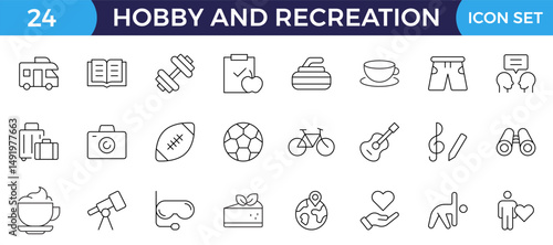 Hobby and recreation linear icons collection. Hobbies for children and adults at home and outdoors. Sports, diving, dancing, reading, drawing, music and singing, chess, astronomy, photo and video.