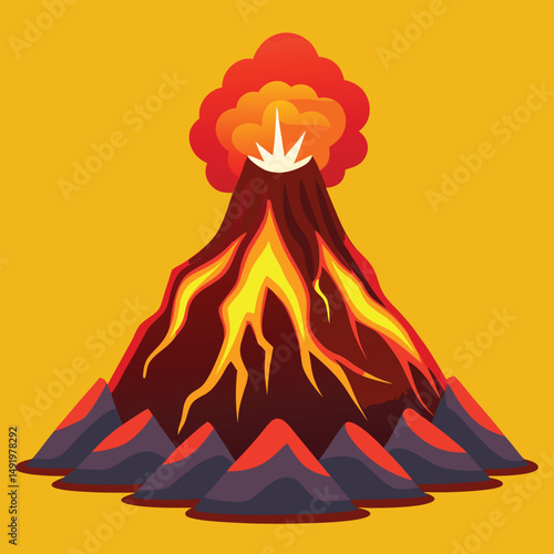 Volcano Clipart – Vector Illustration of Erupting Volcano and Mountain Landscape