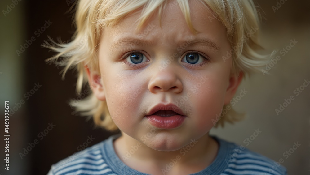 Blonde toddler boy pulling fierce face Blonde toddler boy pulling fierce face