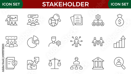 Stakeholder editable stroke icons set. Business, partner, shareholder, investor, supporter vector illustrations.