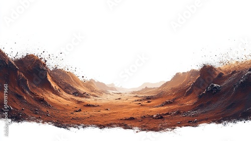 A desolate, rocky landscape stretches into the distance, red dust billowing from unseen forces, creating a dramatic and otherworldly scene