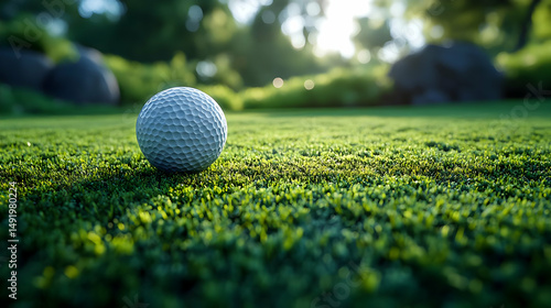 Golf Ball on Green Grass with a Sunlit Background - Realistic Image