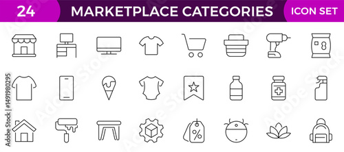 Marketplace Categories outline Icons set. Vector illustration in modern thin line style of e-commerce related icons: household goods, electronics and household appliances, clothing, and more.