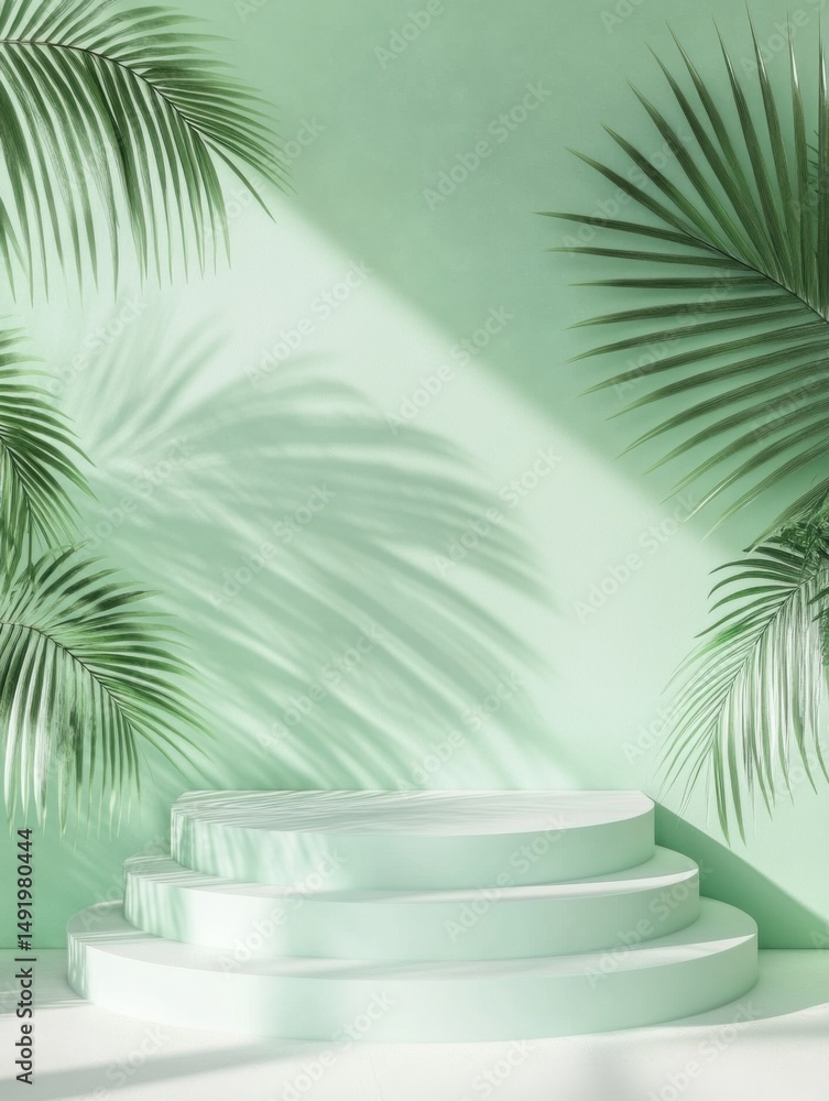 Minimalist product display podium with palm leaf shadows against a pastel green wall studio shot for cosmetic presentation Minimalist product display podium with palm leaf shadows against a pastel green wall studio shot for cosmetic presentation