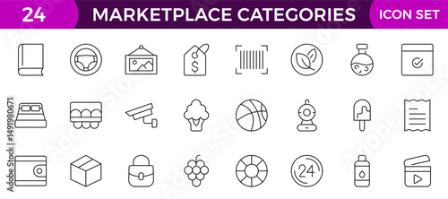 Marketplace Categories outline Icons set. Vector illustration in modern thin line style of e-commerce related icons: household goods, electronics and household appliances, clothing, and more.