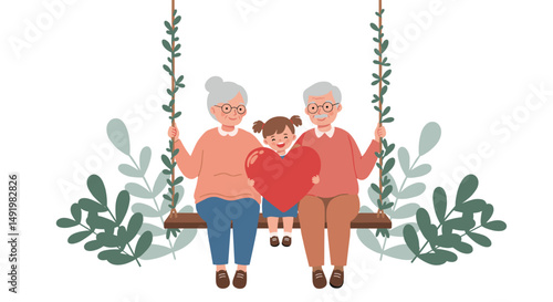 Elderly grandparents, a grandfather and grandmother, sit with their young granddaughter on a swing, the girl joyfully holding a large red heart, symbolizing family love and togetherness.