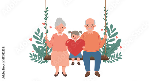 Elderly grandparents, a grandmother and a grandfather, sit on a swing with their young granddaughter who is holding a large red heart, symbolizing love and family togetherness.