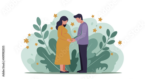 A Happy Couple Expecting Their First Child: Illustrative Representation of a Man and Woman Standing Together Surrounded by Nature and Decorative Elements