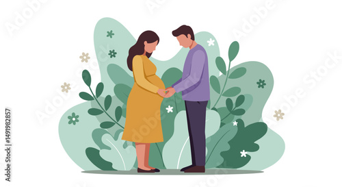 Illustration of a young expectant couple, a pregnant woman and a man, lovingly holding hands over her baby bump, surrounded by lush green foliage and flowers in a natural setting.