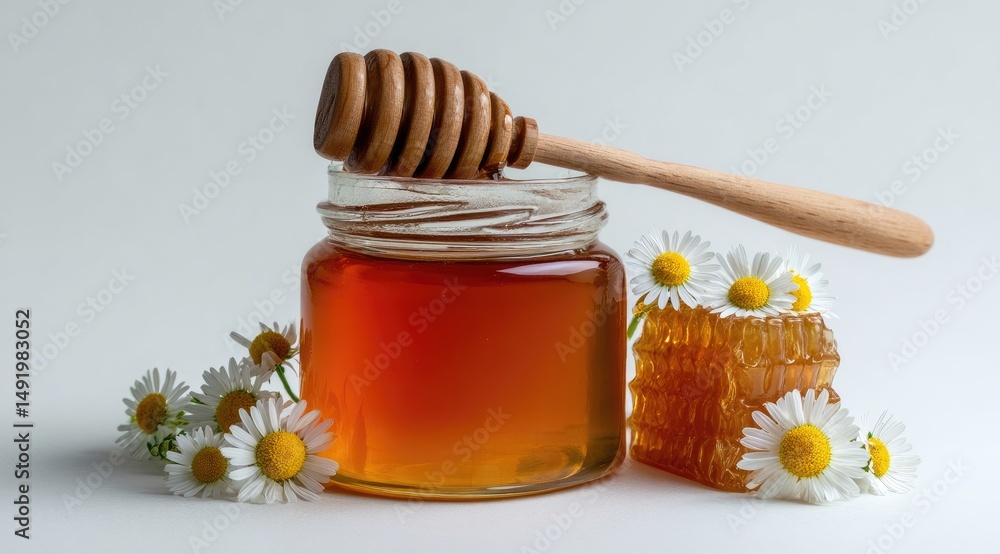 Honey jar with wooden dipper, honeycomb, and chamomile flowers Honey jar with wooden dipper, honeycomb, and chamomile flowers