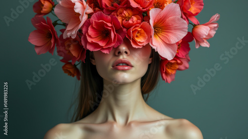 Floral crown obscuring vision, artistic portrait of a woman in bloom