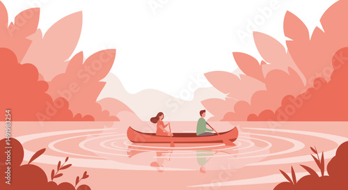 Illustration of a young man and woman paddling a red canoe together on a calm, reflective lake, surrounded by stylized red and pink foliage and distant mountains under a bright sky.
