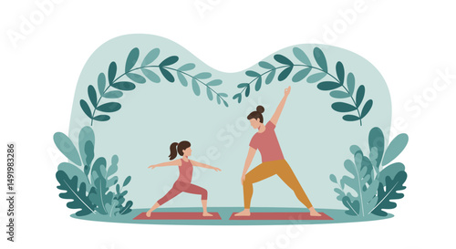 Illustration of a mother and her young daughter practicing yoga poses, including Warrior II and Extended Side Angle, on mats outdoors amidst lush green foliage.