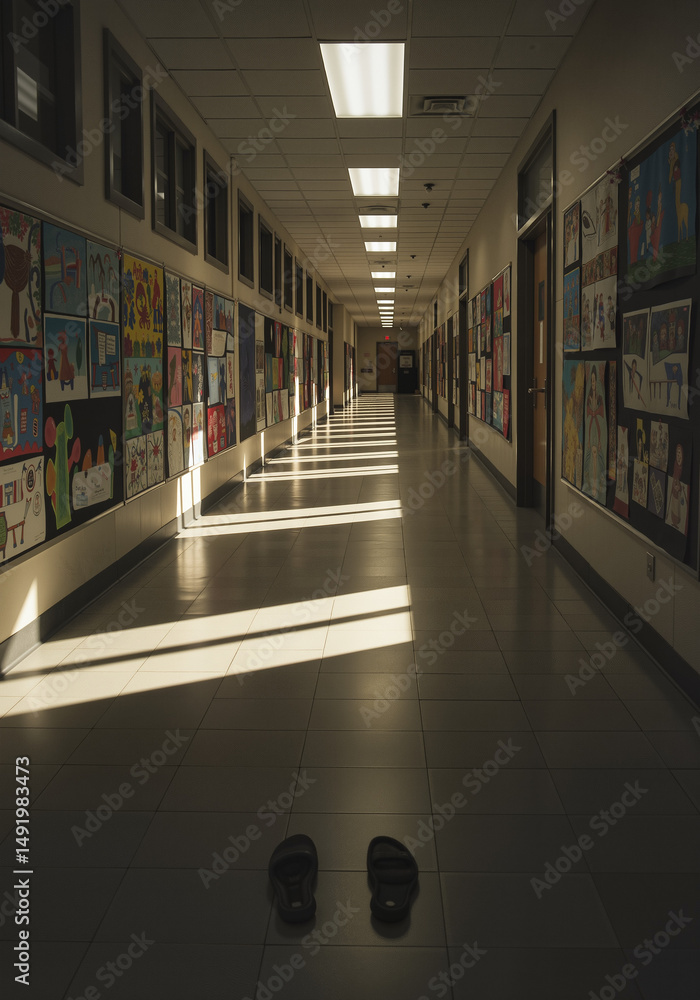 Empty school hallway with shoes on the floor during daytime Empty school hallway with shoes on the floor during daytime