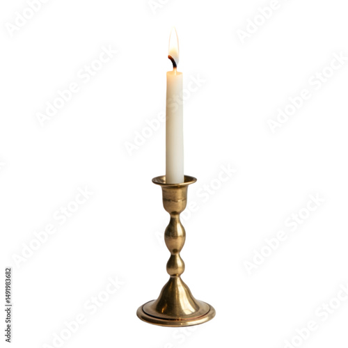 Lit Candle in Brass Candle Holder on white background