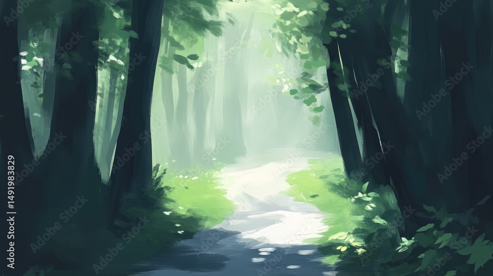 Obraz premium Sunlit path through a lush, misty forest with tall trees and green undergrowth.
