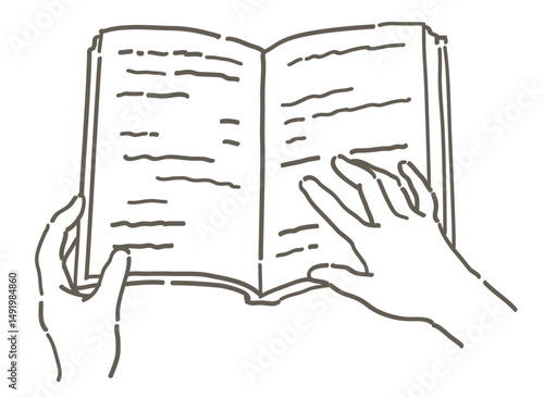 本を読んでいるシーンのイラスト。手と本。シンプルタッチ、ベクターイラスト素材。