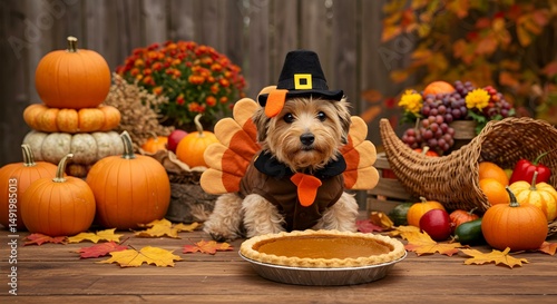 Dog in Thanksgiving Turkey Outfit with Pumpkin and Harvest Decor